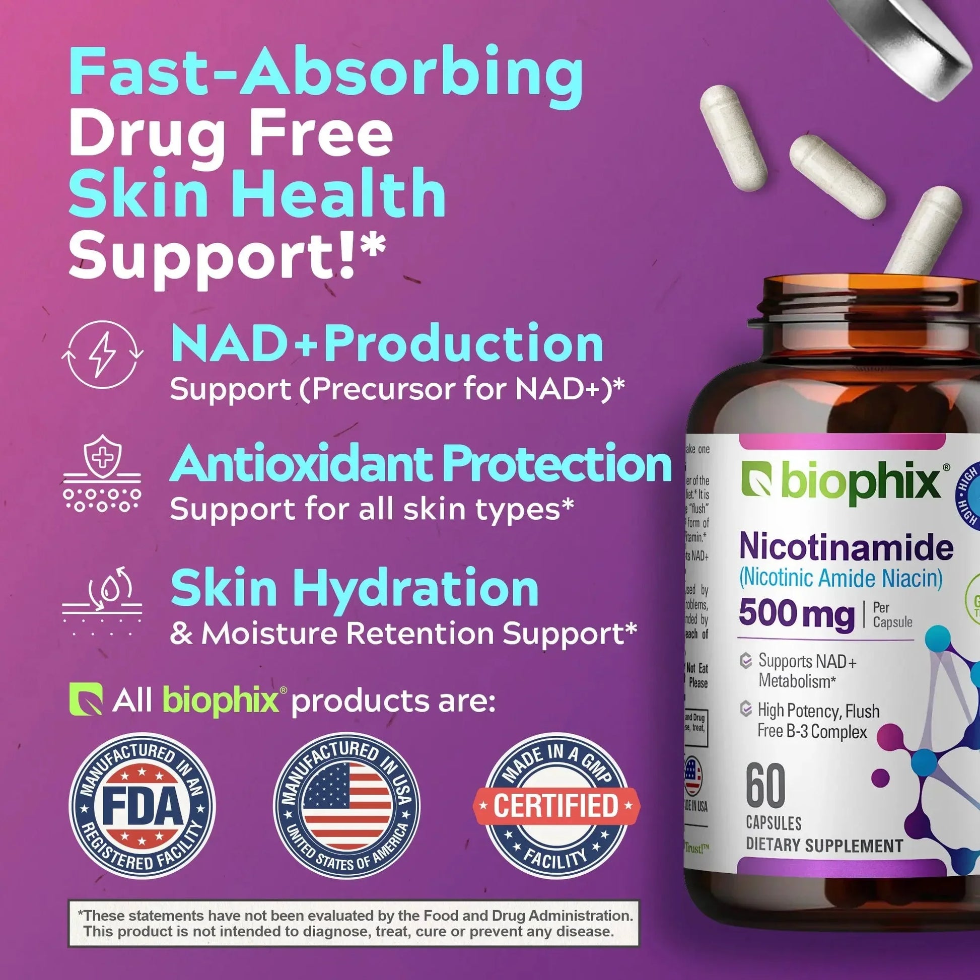 Biophix Nicotinamide 500mg Vitamin B3 60ct