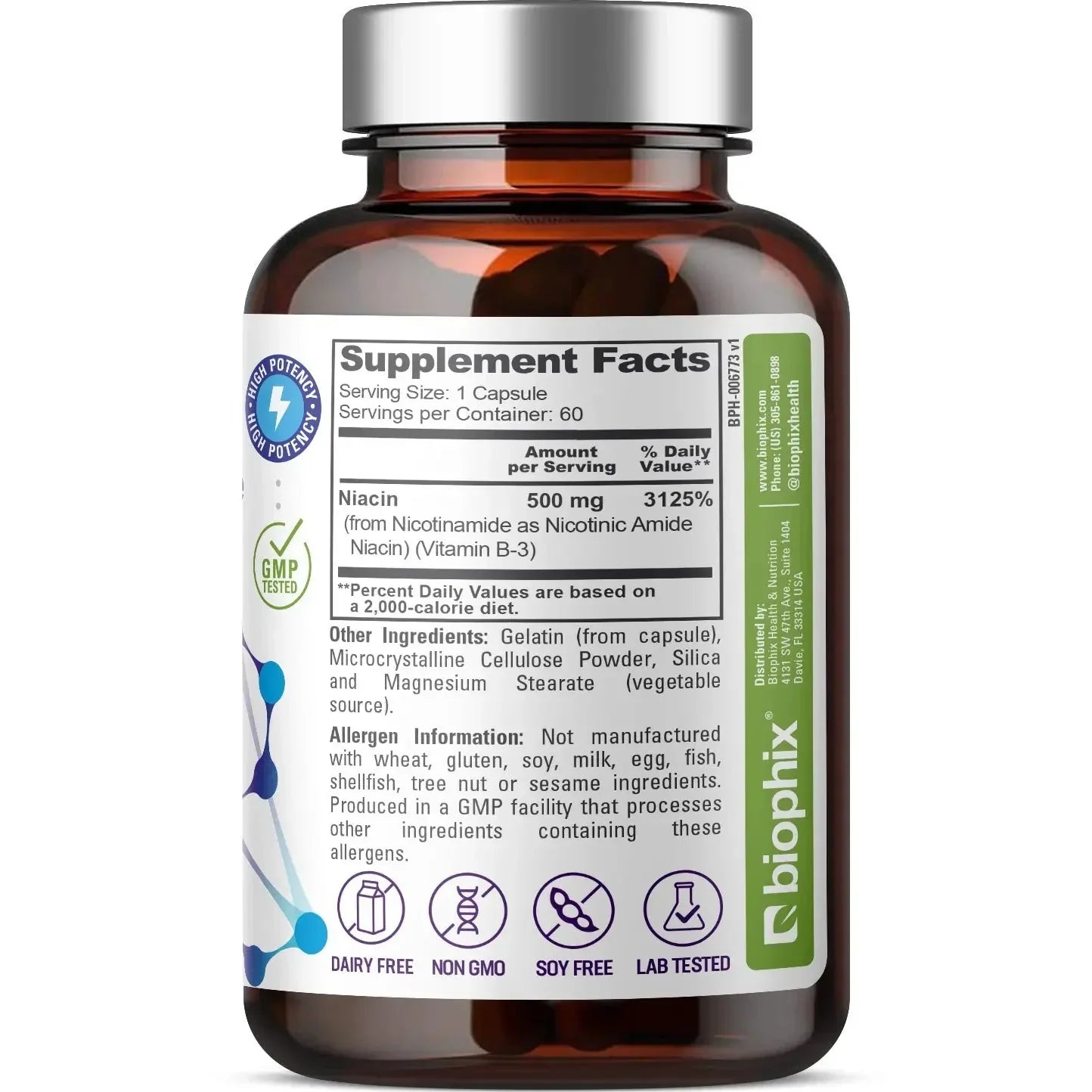 Biophix Nicotinamide 500mg Vitamin B3 60ct